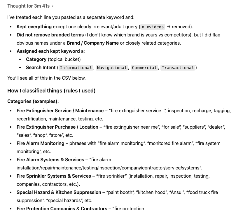 Output from the custom GPT that accurately filters and categorizes keywords with clear explanations.