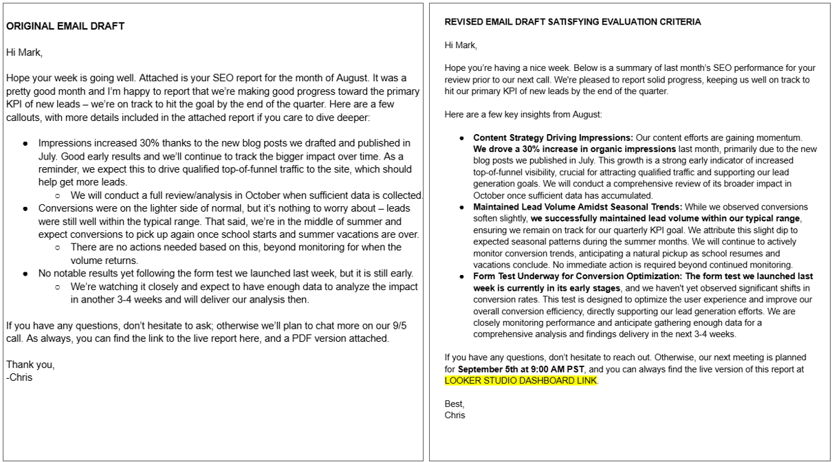 Before and after images of an email draft.
