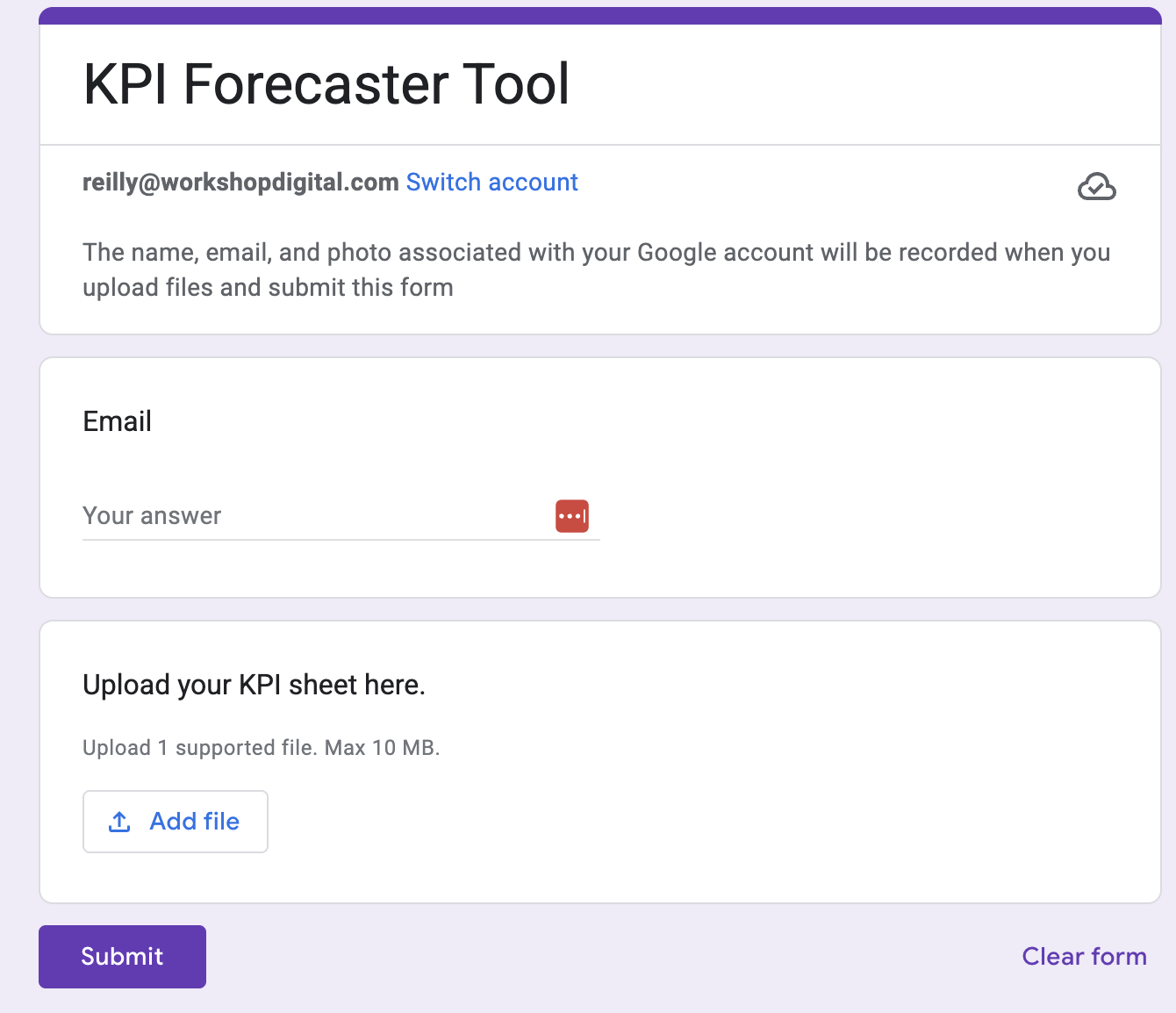KPI Forecaster Tool submission form.