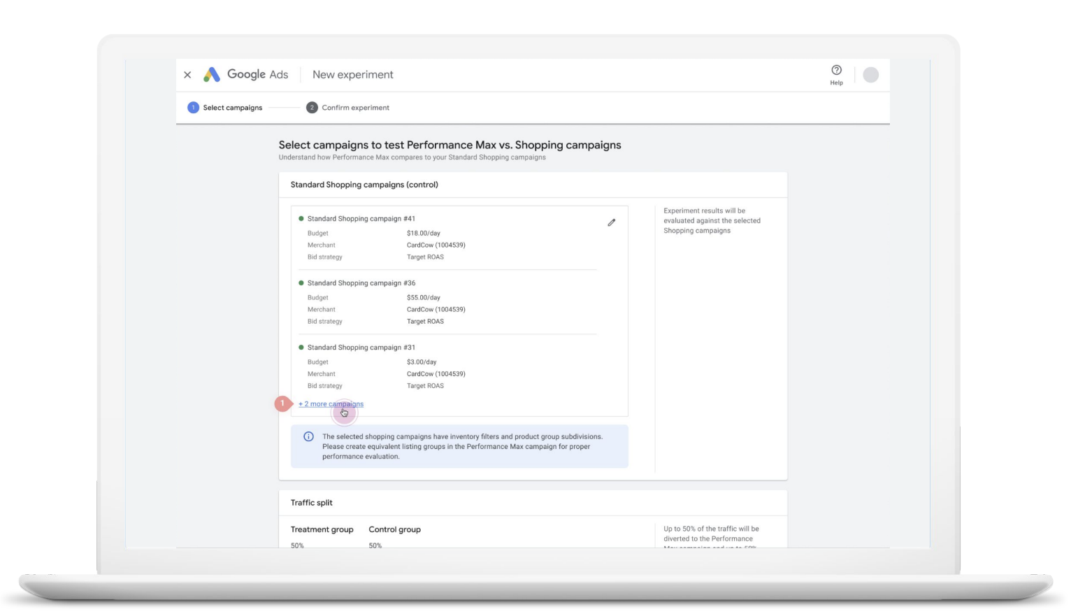 Back end of Google Ads for Performance Max testing.