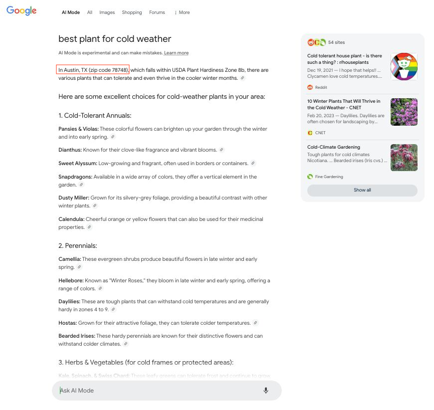 Screenshot of Google's AI Mode results