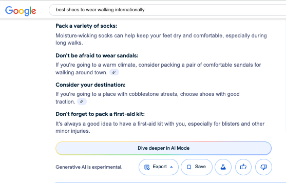 Google AI Overview result prompting you over to AI Mode