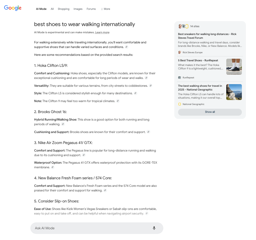Screenshot of Google AI Mode result for