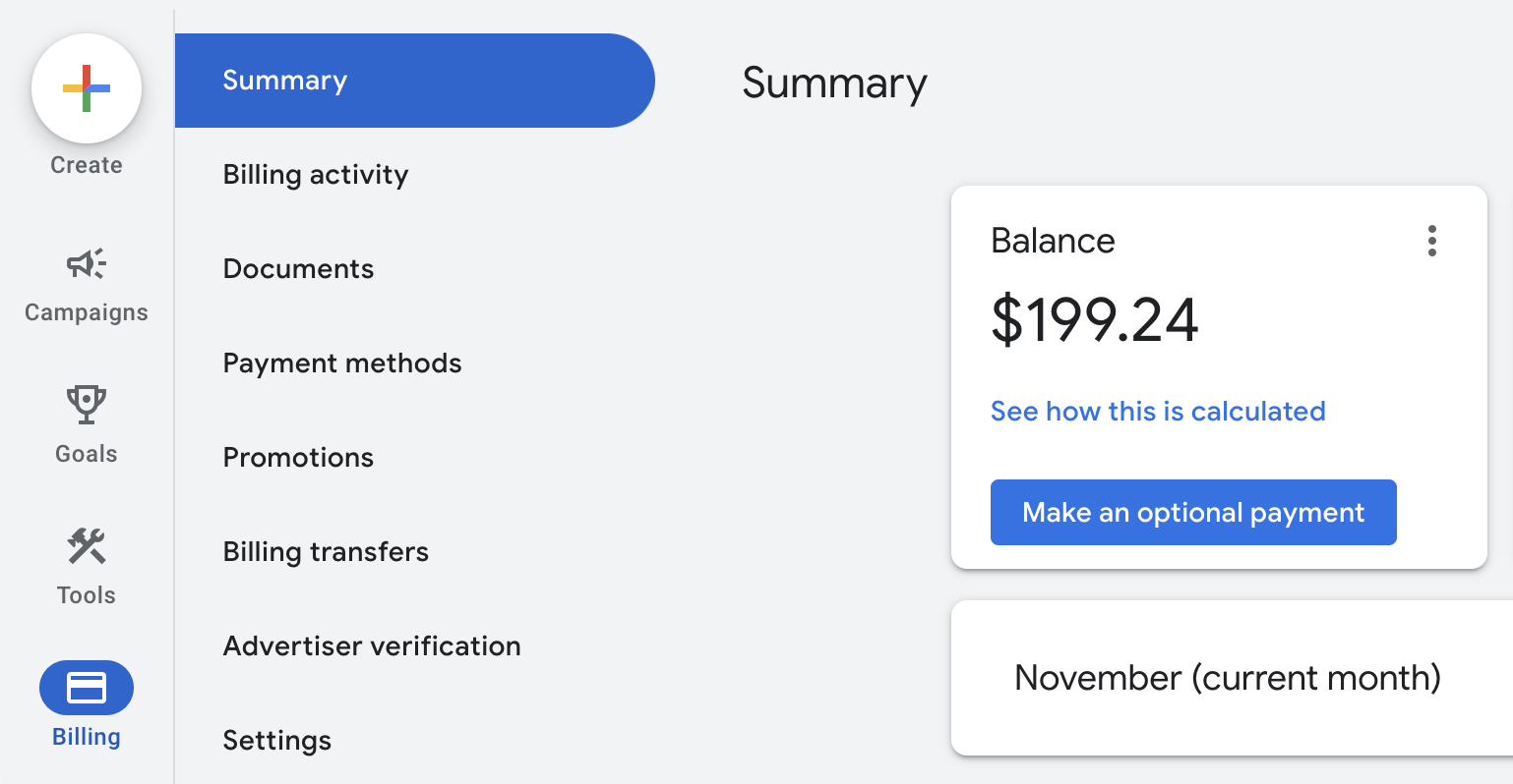 Screenshot of the summary tab under Billing in the Google Ads UI with a card reading the balance is $199.24
