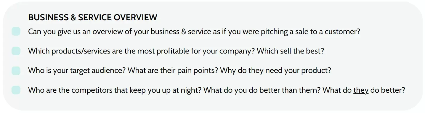 List of business and service questions
