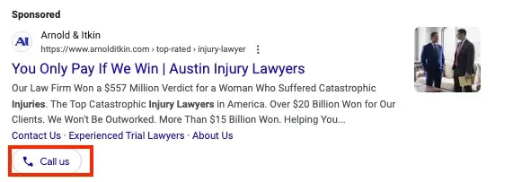 Google Search Results highlighting call assets.