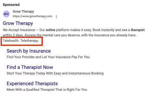 Google Search Results highlighting callout assets.
