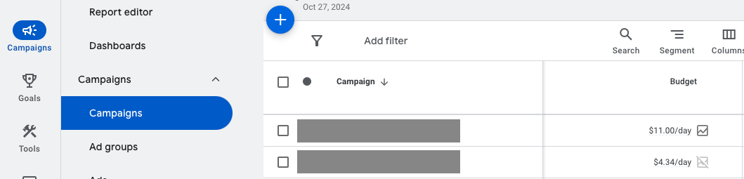 Screenshot of the campaigns tab with a table of campaigns including a budget column.