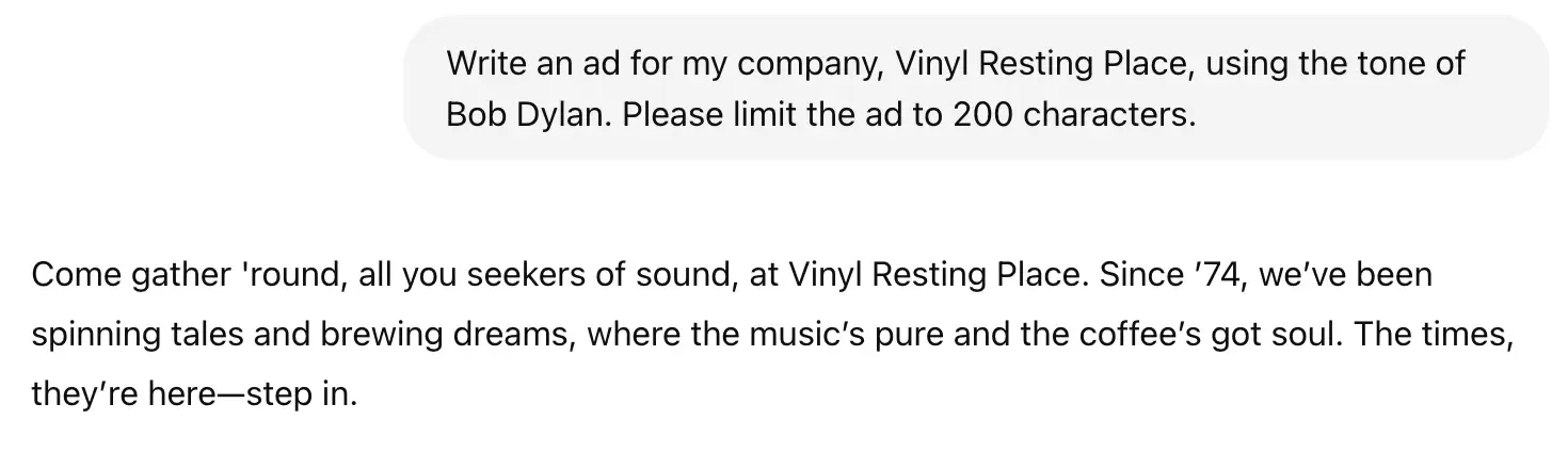 Screenshot of ChatGPT providing ad copy using the tone of Bob Dylan