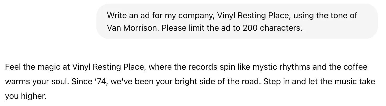 Screenshot of ChatGPT providing ad copy using the tone of Van Morrison