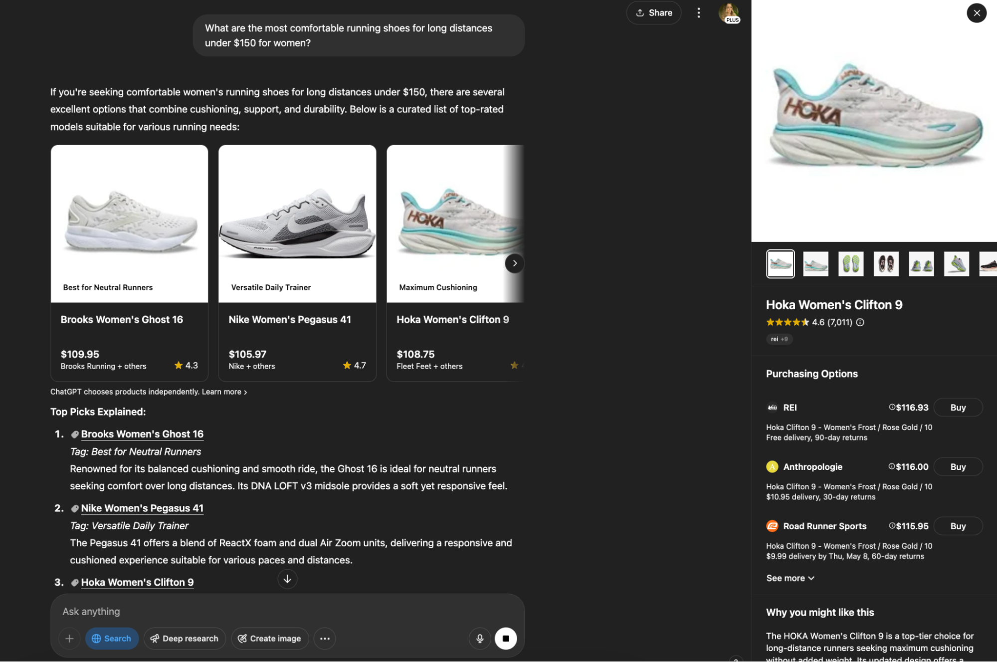ChatGPT product recommendations for women’s running shoes under $150.