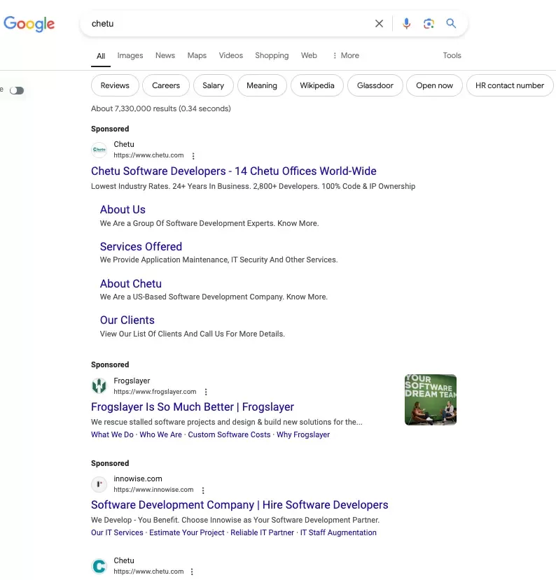 Example search for Chetu in Google showing that competitors outrank them due to not bidding on their own brand terms.