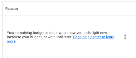 screenshot of a diagnostic insight in the Google Ads UI reading