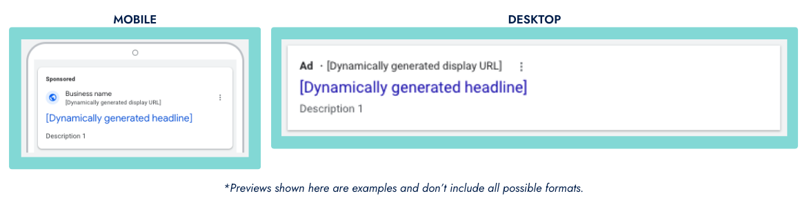 Screenshots of Google Dynamic Search Ad examples.