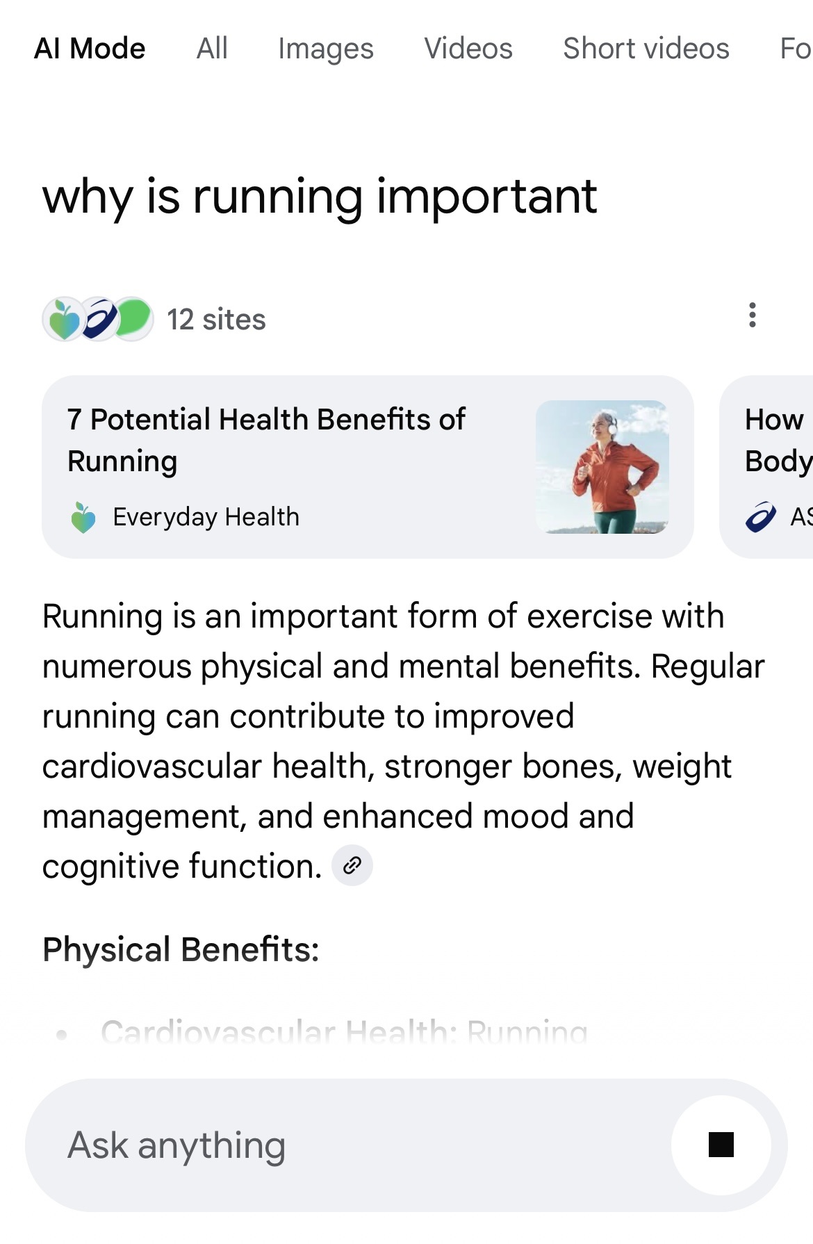 Example of AI Mode result for “why is running important”
