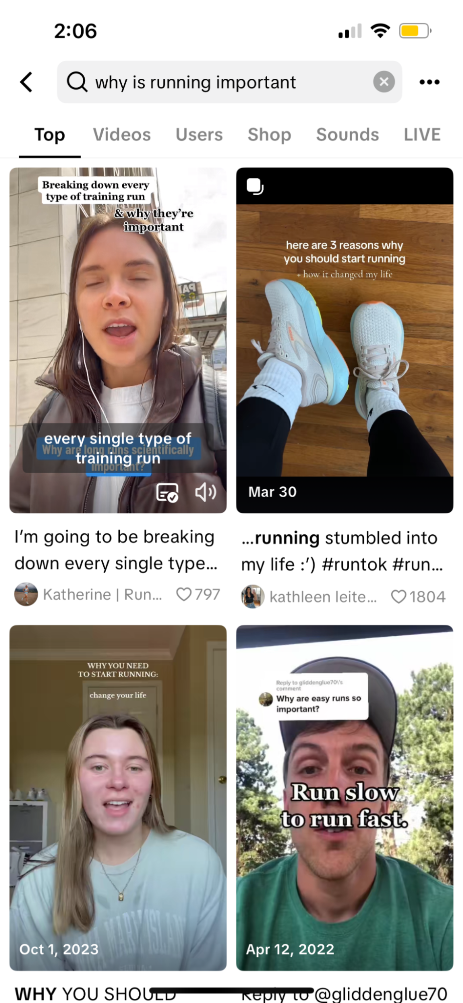 Example of TikTok results for “why is running important”