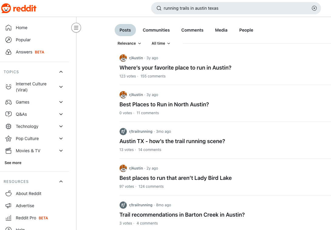 Example of Reddit results for “running trails in austin texas”