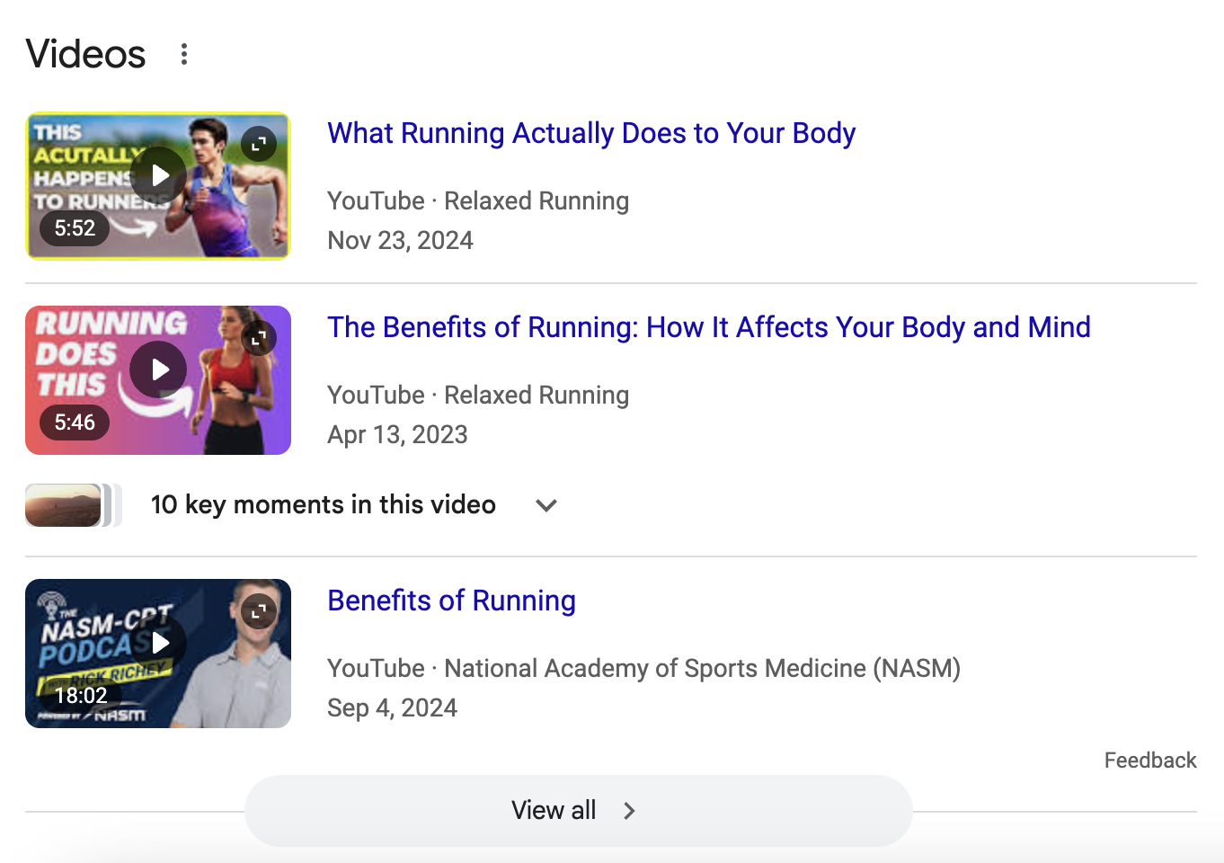 Example of a video pack in search results for “why is running important”