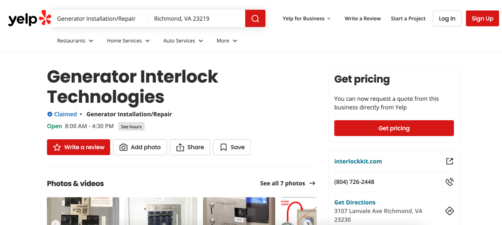 Screenshot of Generator Interlock Technologies Yelp listing.