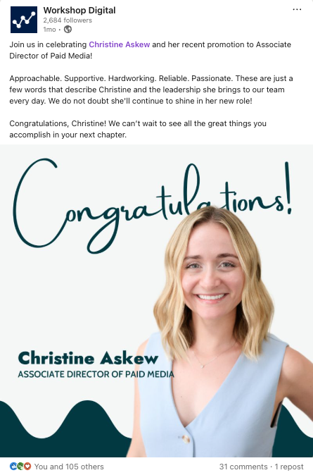 Screenshot of a LinkedIn post celebrating a recent promotion