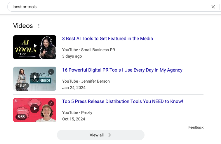 Screenshot of a Google SERP Video feature.