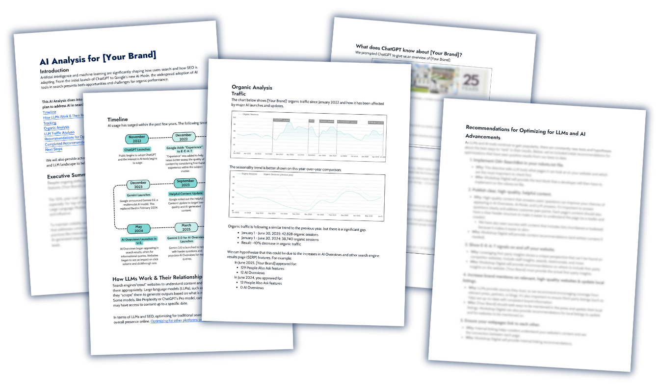 Sample pages from Workshop Digital's AI SEO Analysis document.