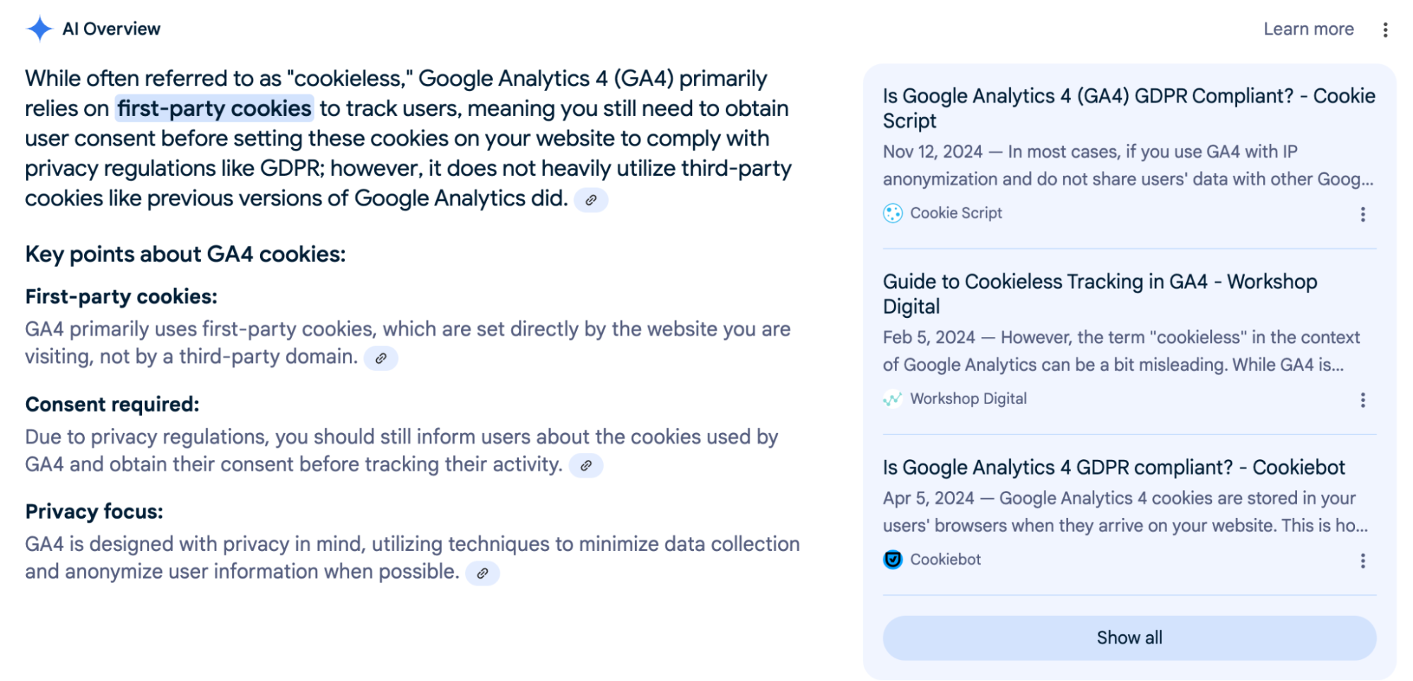 Screenshot of a Google SERP showcasing Workshop Digital in the AI Overviews feature.
