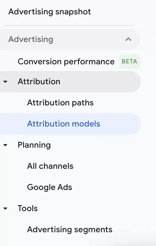 Navigation for the “Attribution models” report.