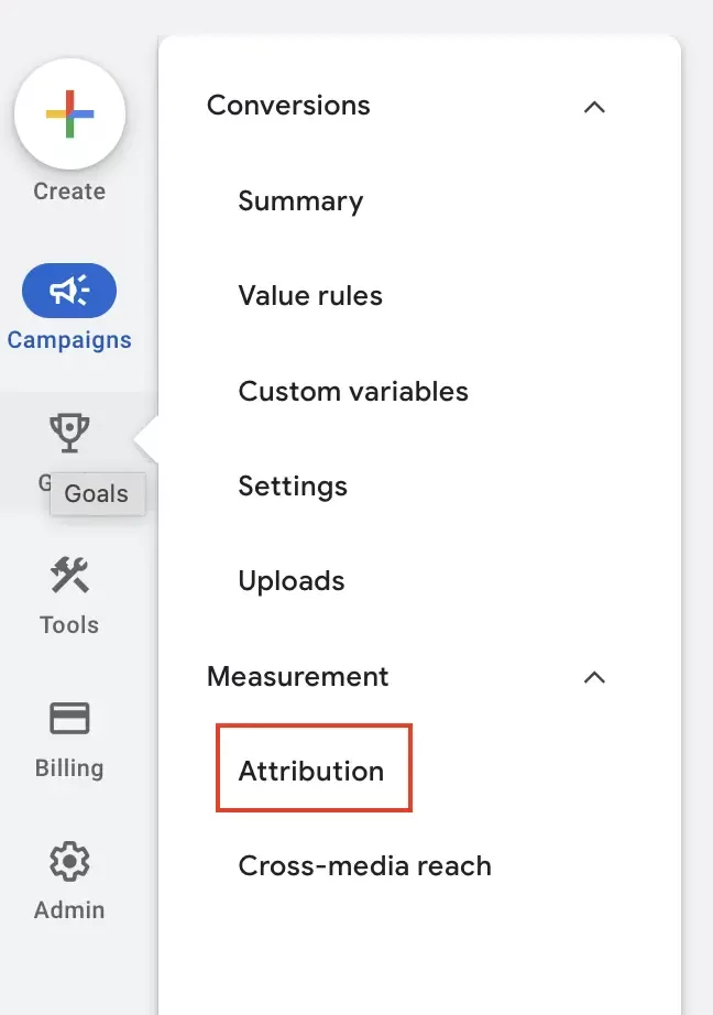 Google Ads campaign menu with a red square highlighting Attribution.