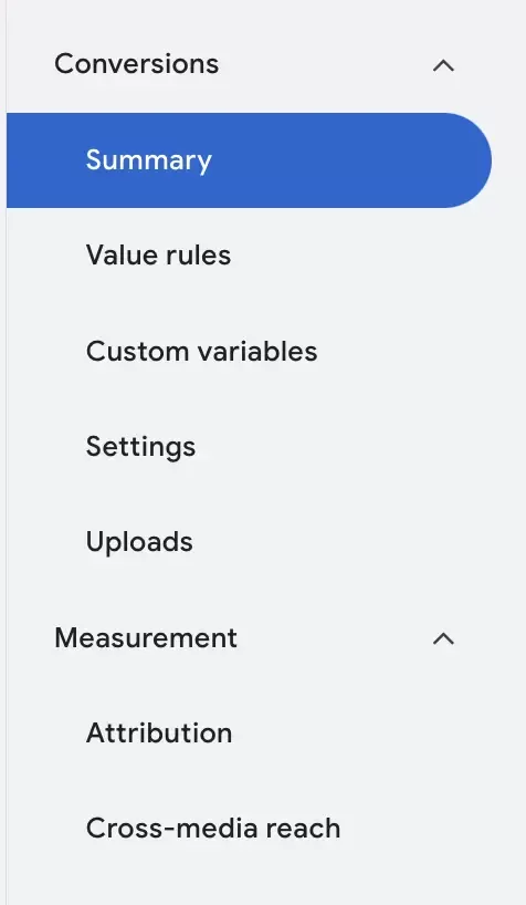 The left hand menu with the Summary section highlighted in blue.