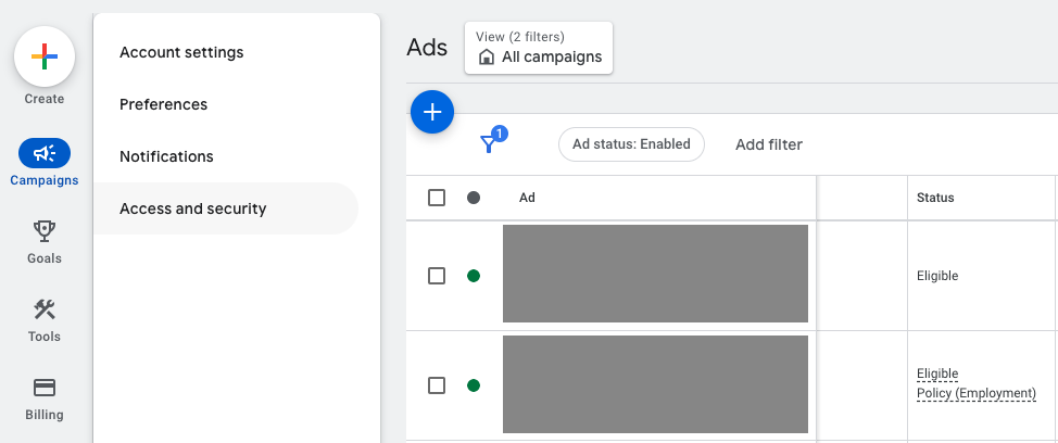 screenshot of the Ads panel in the Google Ads UI with a filter applied for