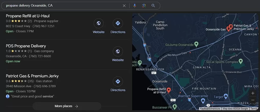 A Google Map showing local propane and gas companies.