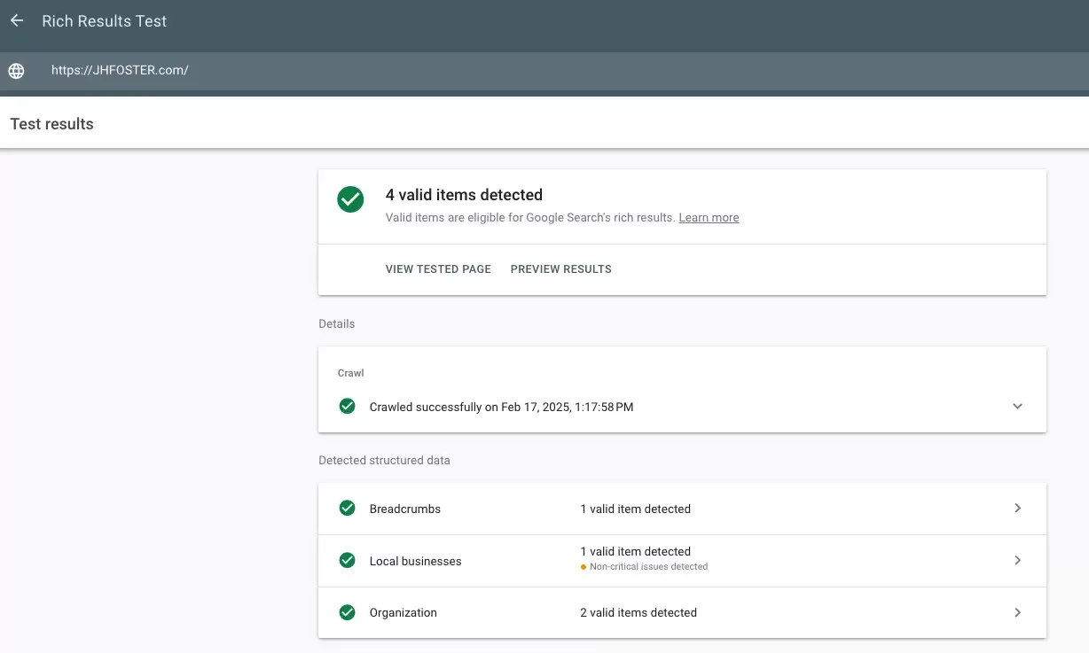 A screenshot of Google's Rich Results Test showing 4 valid items detected.