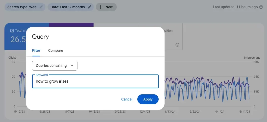 Screenshot of a Google Search Console (GSC) keyword query.