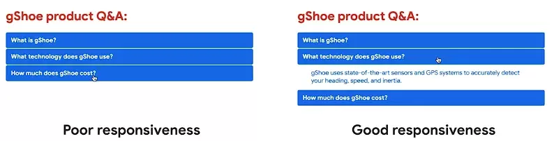 Comparison of poor and good responsiveness in a webpage's Q&A section.