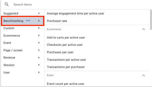 A red box outlines how to access benchmarking in GA4.