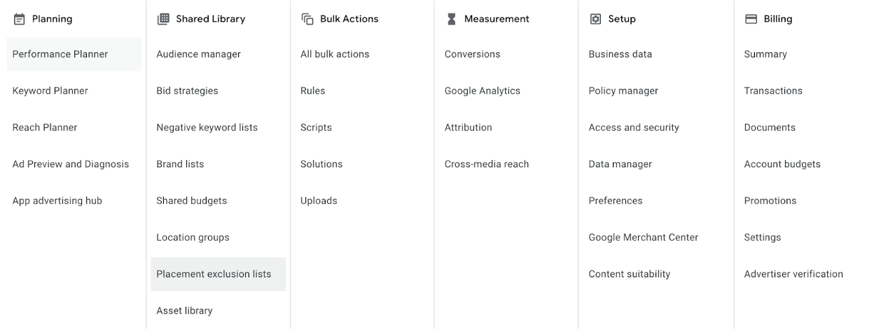 Screen shot of where to select create a placement exclusion list.