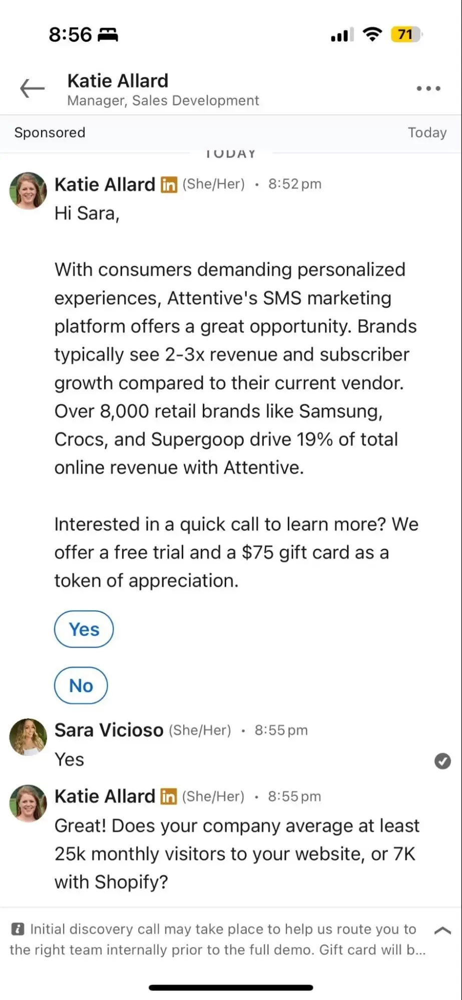 Screenshot of a conversation ad sent via LinkedIn.