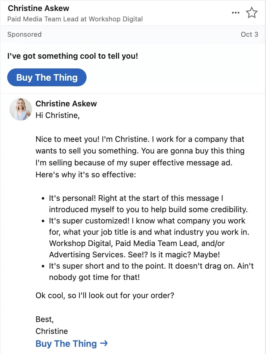 Screenshot of a message ad sent via LinkedIn.