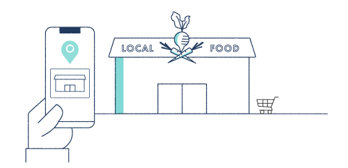 Illustration of a smartphone map to a local food store