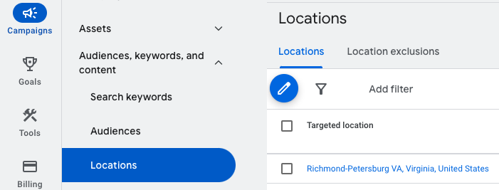 Screenshot of the locations panel under campaigns in the Google Ads UI