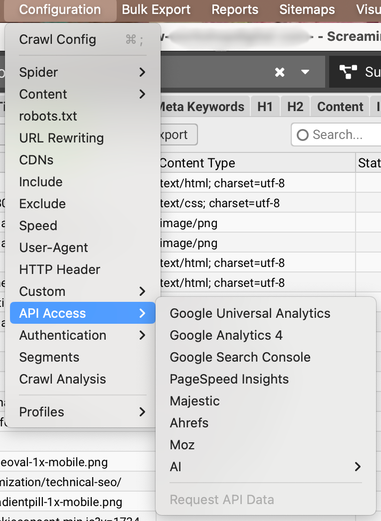 Screenshot of Screaming Frog's navigation dropdown, with the API Access option highlighted.
