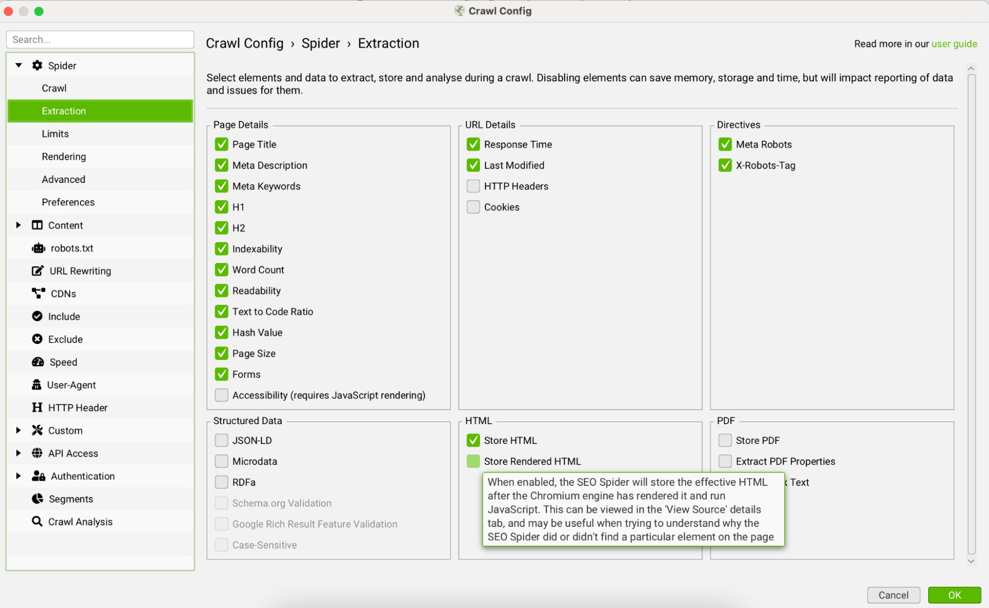 Crawl configuration set up for Screaming Frog