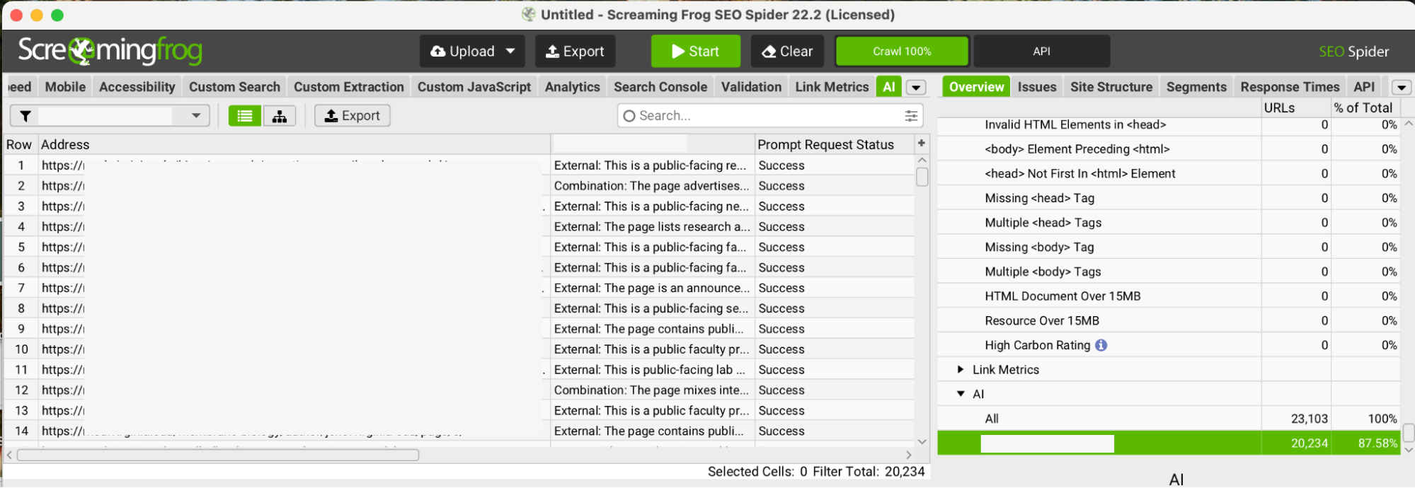 Screaming Frog interface showing AI category and AI reasoning for the OpenAI analysis.