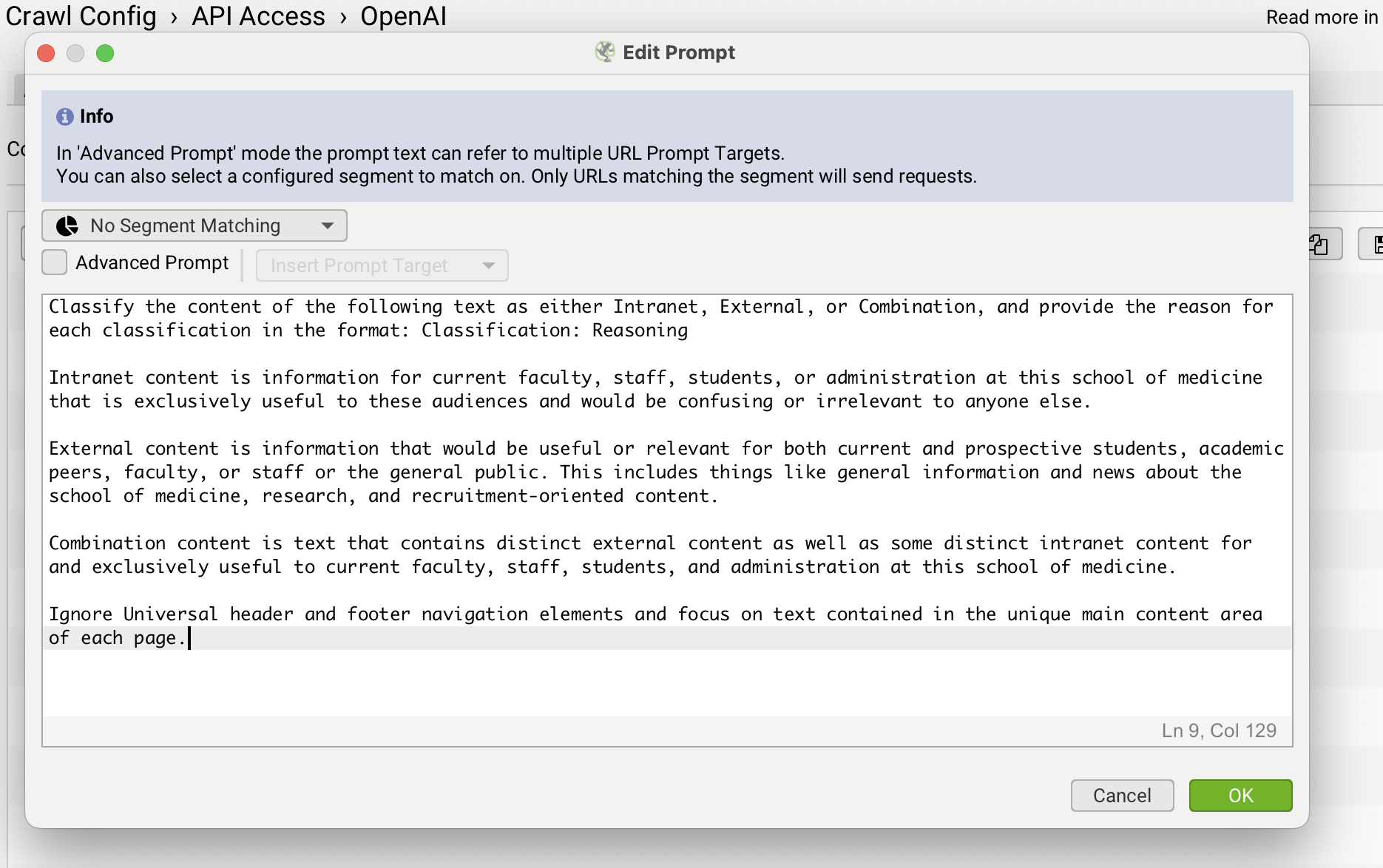 Editing the prompt for OpenAI in Screaming Frog