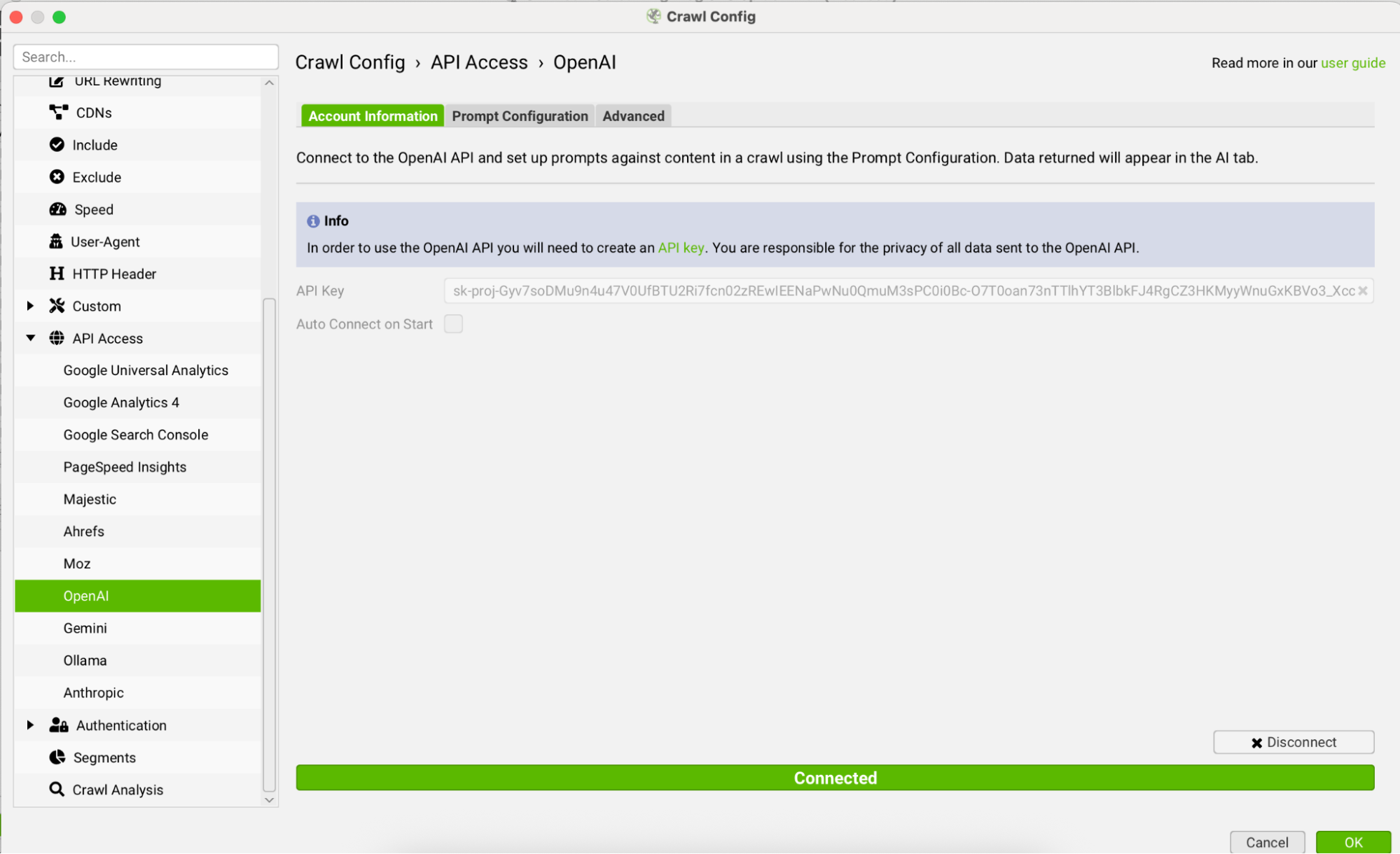 Crawl configuration set up for API access to OpenAI in Screaming Frog