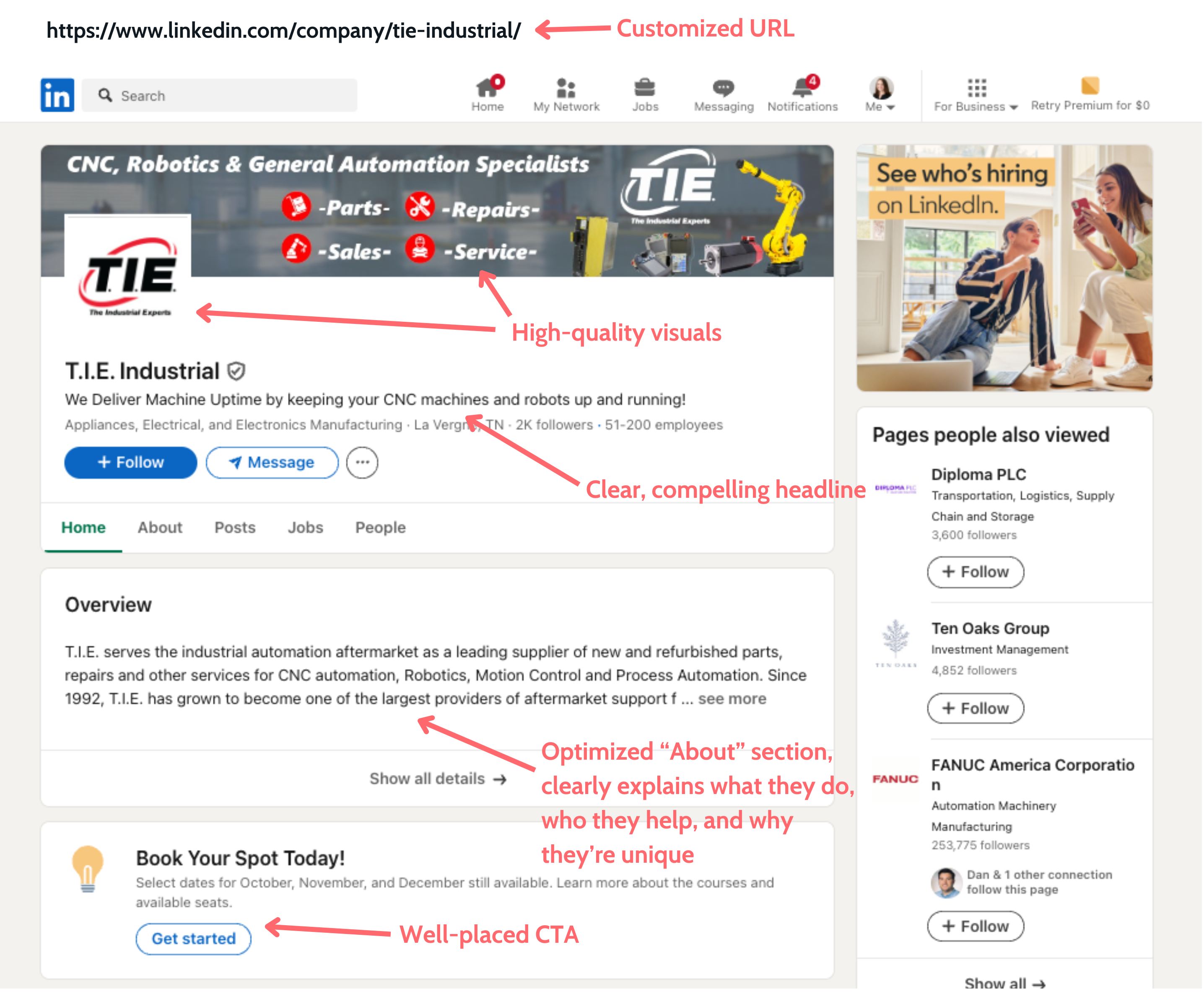 A screenshot of a B2B LinkedIn company profile with red arrows and text pointing out optimized items.