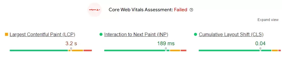 Screenshot showing a failed Core Web Vitals assessment using Google's PageSpeed Insights.