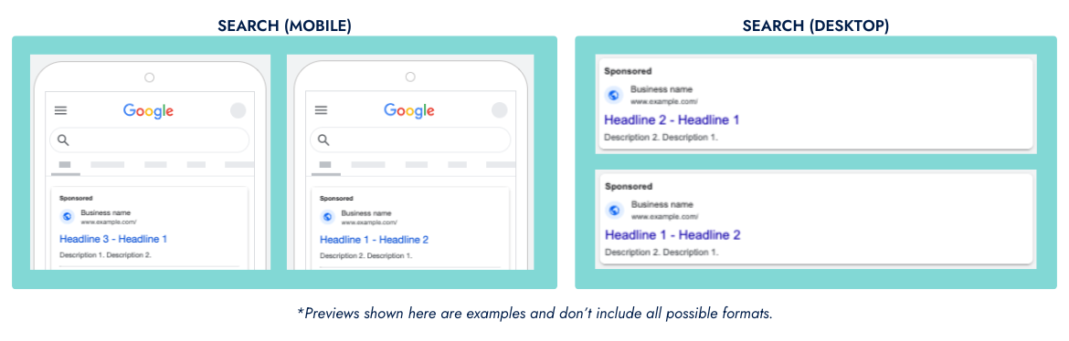 Screenshots of Performance Max ad examples for Search.
