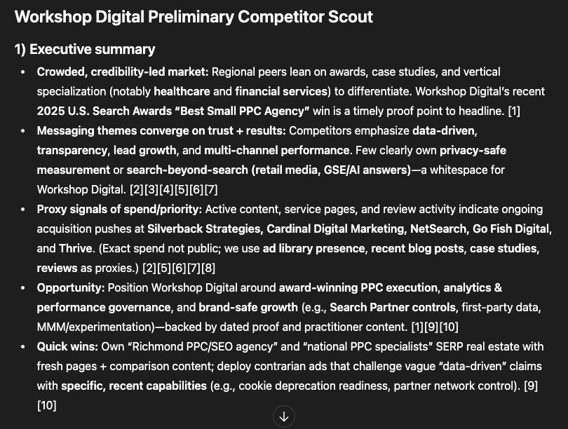 Screenshot of a report titled ‘Workshop Digital Preliminary Competitor Scout’ showing an executive summary with bullet points about market trends, messaging themes, proxy spend signals, opportunities, and quick wins.